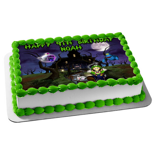 Luigi's Mansion Fantasmas y Luigi corriendo con Polterpup Ghost Dog Imagen de decoración comestible personalizada para tarta ABPID50660 