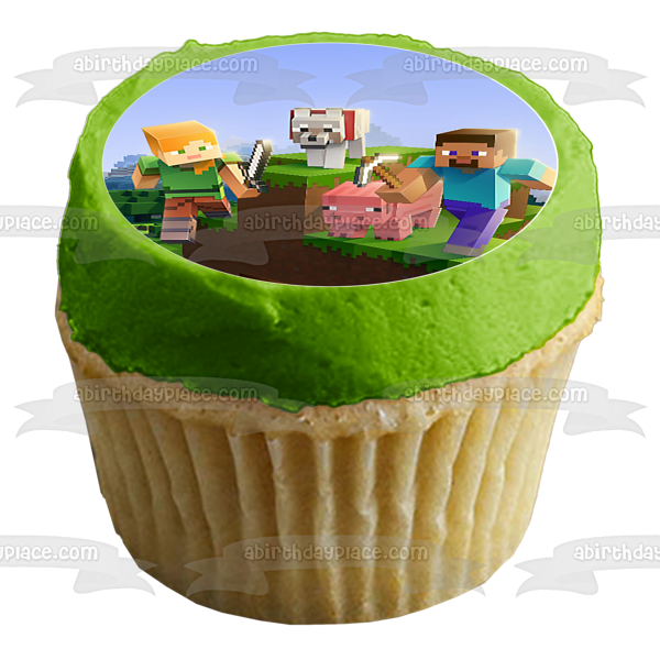 Minecraft Alex Steve Wolf Pig Forest Biome Customizeable Edible Cake Topper Image ABPID50807