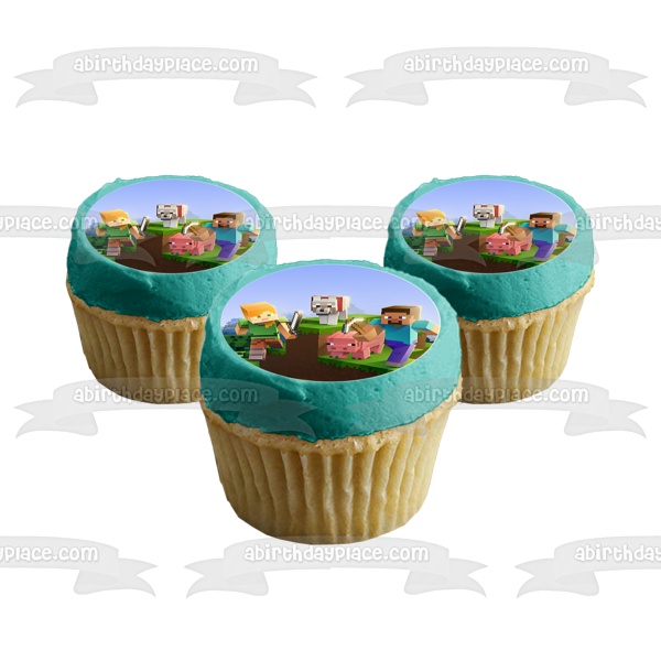 Minecraft Alex Steve Wolf Pig Forest Biome Customizeable Edible Cake Topper Image ABPID50807