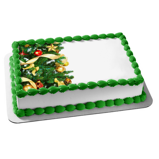Christmas Tree Ball Ornaments Ribbon Edible Cake Topper Image ABPID50675