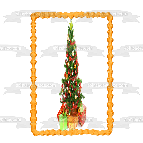 Christmas Tree Ball Ornaments Presents Edible Cake Topper Image ABPID50676