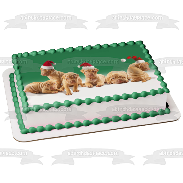 Christmas Puppies Christmas Hats Green Background Edible Cake Topper Image ABPID50682