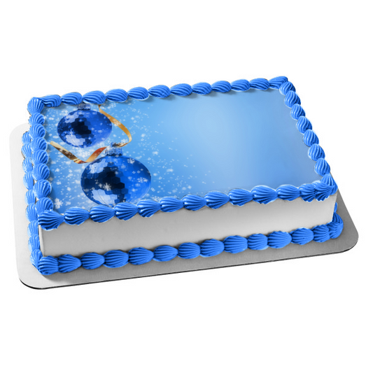 Christmas Blue Ball Ornaments Ribbon Snow Edible Cake Topper Image ABPID50681