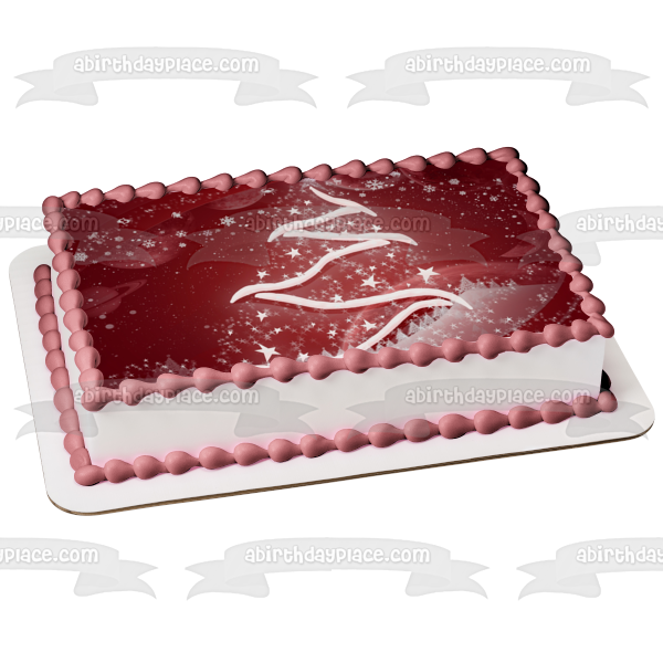 Christmas Tree Snow Red Background Edible Cake Topper Image ABPID50684