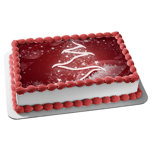 Christmas Tree Snow Red Background Edible Cake Topper Image ABPID50684