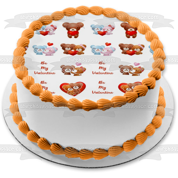 Happy Valentine's Day Be My Valentine Teddy Bears and Hearts Edible Cake Topper Image ABPID50842