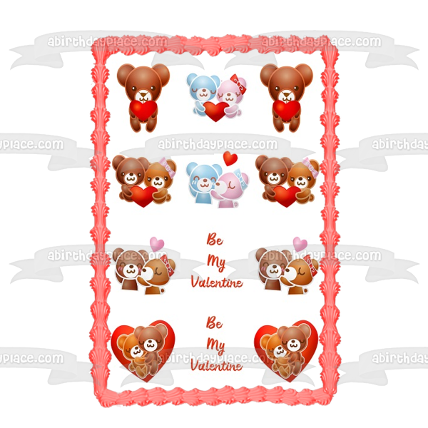 Valentine's Day Be My Valentine Teddy Bears Hearts Edible Cake Topper Image ABPID50843