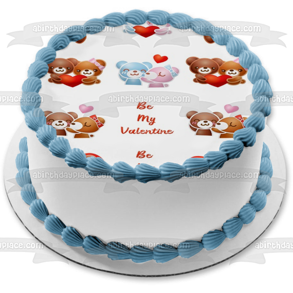 Valentine's Day Be My Valentine Teddy Bears Hearts Edible Cake Topper Image ABPID50843