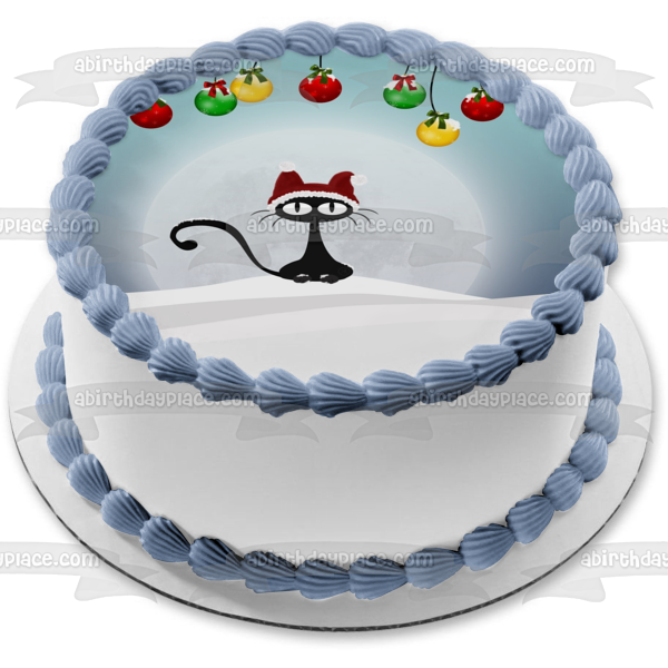 Christmas Ball Ornaments Cat Christmas Hat Moon Edible Cake Topper Image ABPID50697