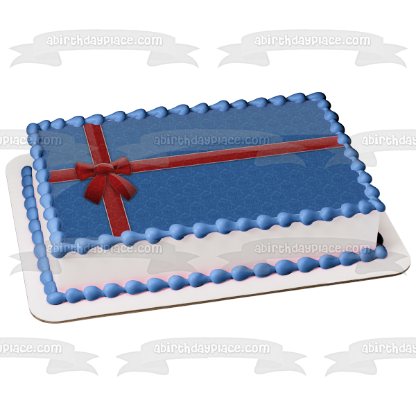 Christmas Present Blue with Red Ribbon Bow Edible Cake Topper Image ABPID50698