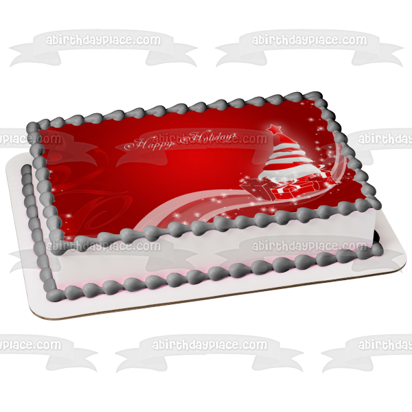 Christmas Tree Presents Happy Holidays Red Background Edible Cake Topper Image ABPID50700