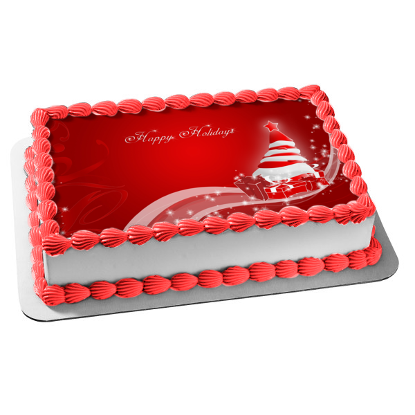 Christmas Tree Presents Happy Holidays Red Background Edible Cake Topper Image ABPID50700