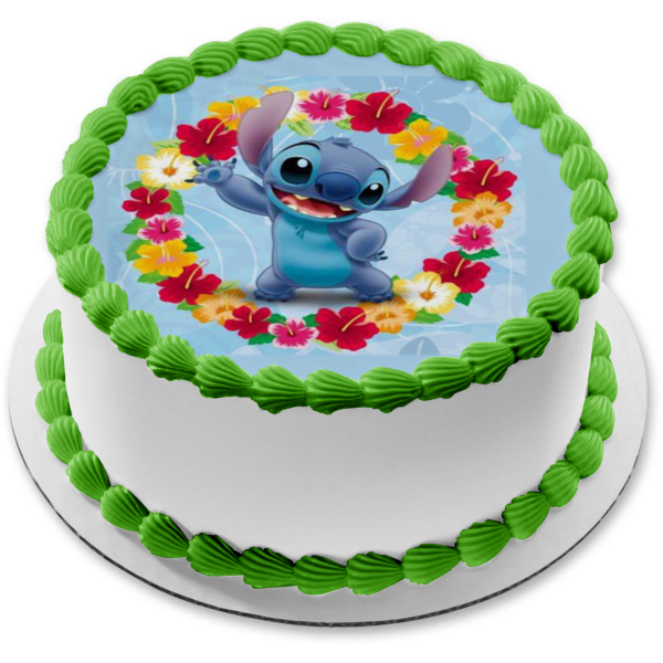 Lilo and Stitch Flowers Stitch Blue Background Disney Edible Cake Topper Image ABPID51026