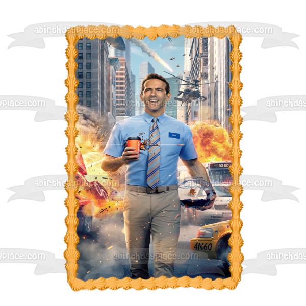 Free Guy Movie Poster Background Character Npc Ryan Reynolds Guy Fire Buildings Background Edible Cake Topper Image ABPID50880