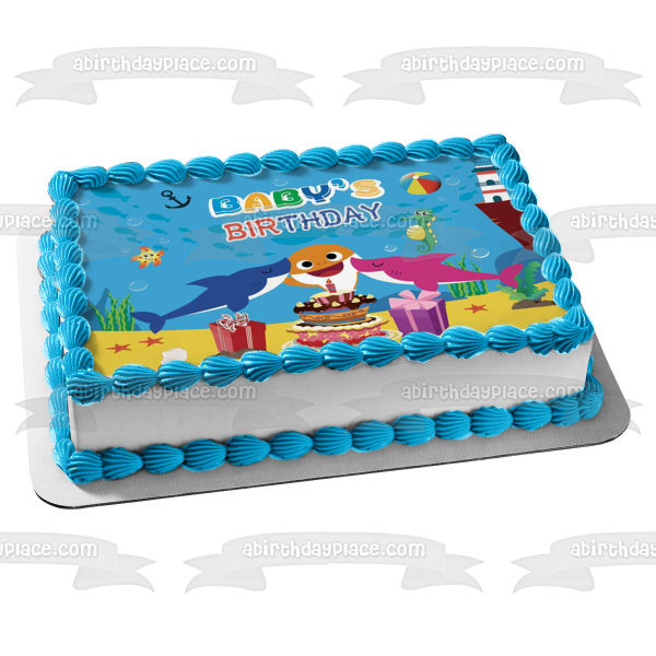 Baby Shark Baby's Birthday Mommy Shark Daddy Shark Birthday Party Presents Birthday Cake Light House Underwater Background Edible Cake Topper Image ABPID50893
