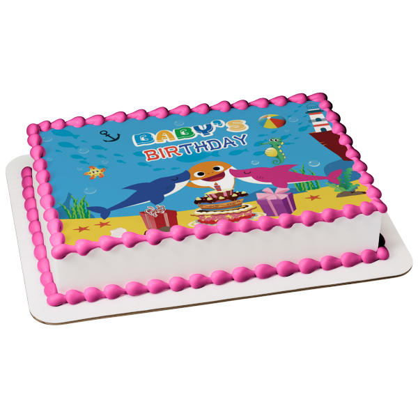 Baby Shark Baby's Birthday Mommy Shark Daddy Shark Birthday Party Presents Birthday Cake Light House Underwater Background Edible Cake Topper Image ABPID50893