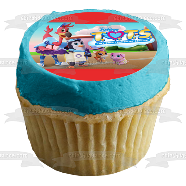 Tots Tiny Ones Transport Service T.Ot.S. Disney Junior Freddy the Flamingo Pip the Penguin Kiki the Kitten Personalized Red Border Edible Cake Topper Image ABPID51080