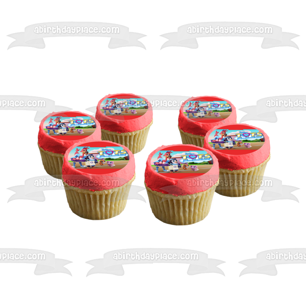 Tots Tiny Ones Transport Service T.Ot.S. Disney Junior Freddy the Flamingo Pip the Penguin Kiki the Kitten Personalized Red Border Edible Cake Topper Image ABPID51080