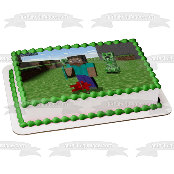 Minecraft Steve Skin Creeper Blocks Edible Cake Topper Image ABPID51094