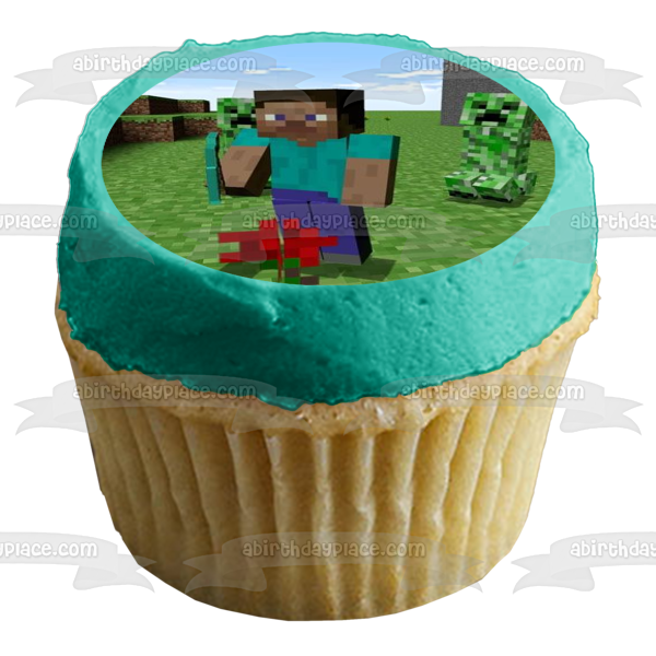 Minecraft Steve Skin Creeper Blocks Edible Cake Topper Image ABPID51094