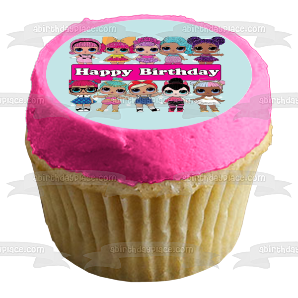 LOL Surprise Happy Birthday Teacher's Pet Splash Queen Sugar Spice Glitter Queen Sugar Queen Genie Shorty Purple Queen Edible Cake Topper Image ABPID50956