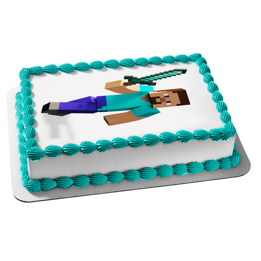 Minecraft Steve Diamond Sword Edible Cake Topper Image ABPID51121