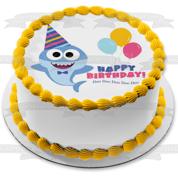 Baby Shark Happy Birthday Doo Doo Balloons Party Hat Edible Cake Topper Image ABPID50965