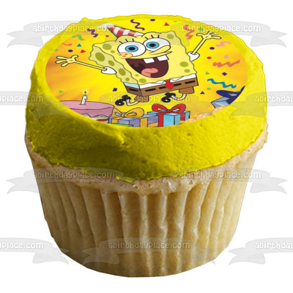 SpongeBob SquarePants Happy Birthday Cake Presents Crabby Patties Edible Cake Topper Image ABPID51127