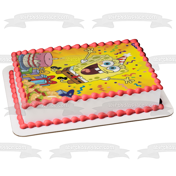 SpongeBob SquarePants Happy Birthday Cake Presents Crabby Patties Edible Cake Topper Image ABPID51127