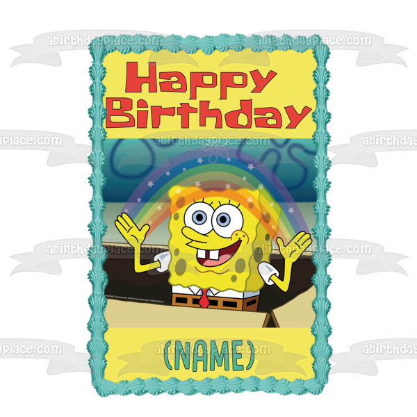 SpongeBob SquarePants Rainbow Happy Birthday Add Personalized Name Edible Cake Topper Image ABPID51134