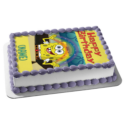 Bob Esponja Pantalones Cuadrados Arco Iris Feliz Cumpleaños Añadir Nombre Personalizado Imagen comestible para tarta ABPID51134 