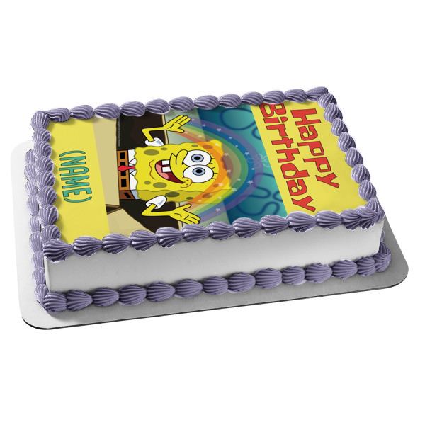 SpongeBob SquarePants Rainbow Happy Birthday Add Personalized Name Edible Cake Topper Image ABPID51134