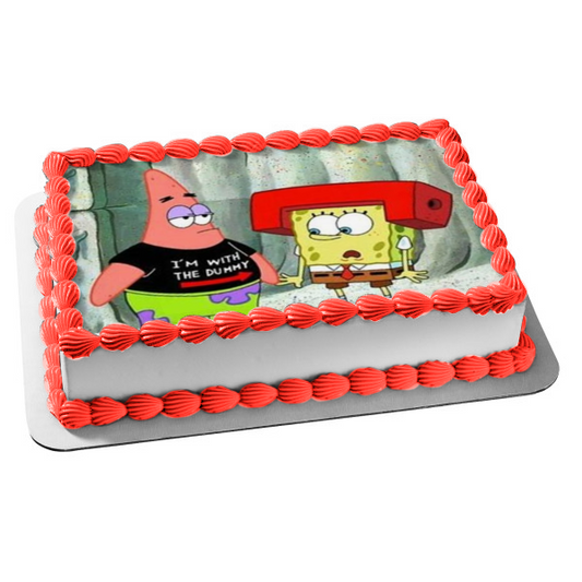 SpongeBob SquarePants Red Helmet Patrick I'm with the Dummy T-Shirt Edible Cake Topper Image ABPID51136