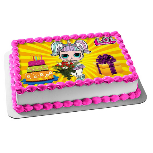 LOL Surprise Unicornio Feliz Cumpleaños Pastel Presenta Flores Adorno Comestible Para Pastel Imagen ABPID50982 