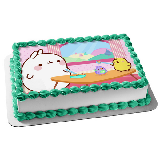 Molang y Piu Piu alimentando al pajarito adorno comestible para tarta imagen ABPID51161 