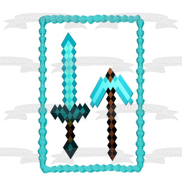 Minecraft Blue Diamond Sword and Pick Axe Edible Cake Topper Image ABPID51173