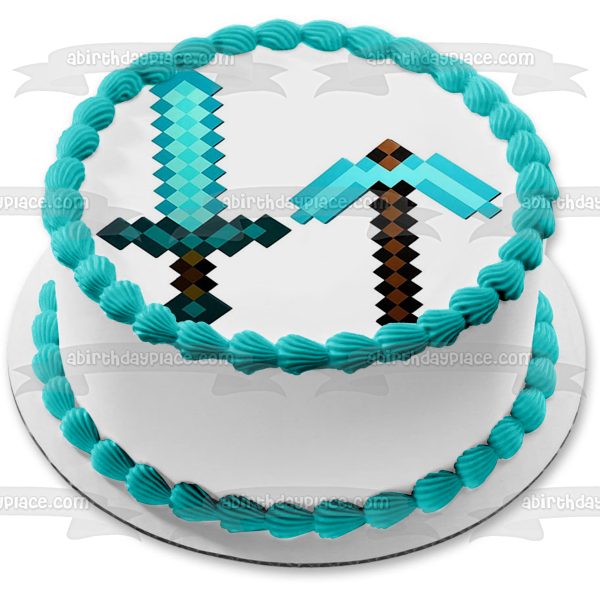 Minecraft Blue Diamond Sword and Pick Axe Edible Cake Topper Image ABPID51173
