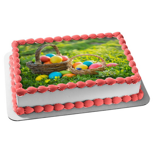 Happy Easter Easter Eggs and Baskets Grass Background Edible Cake Topper Image ABPID51205
