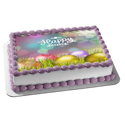Happy Easter Metallic Easter Eggs Edible Cake Topper Image ABPID51210