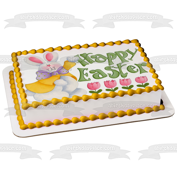 Happy Easter Pink Tulips Easter Bunny Edible Cake Topper Image ABPID51211