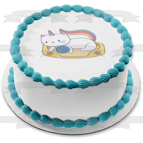 Caticorn Rainbow Unicorn Cat Playing with String Edible Cake Topper Image ABPID51358