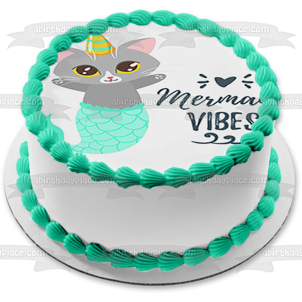 Caticorn Mermaid Vibes Cat Unicorn Heart Edible Cake Topper Image ABPID51360