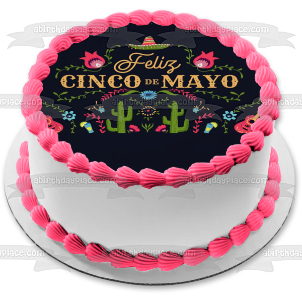 Feliz Cinco De Mayo Sombrero Guitars Cacti Edible Cake Topper Image ABPID51365