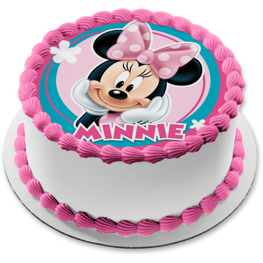 Decoración comestible para tarta redonda de Minnie Mouse, color rosa y verde azulado, imagen ABPID51457 