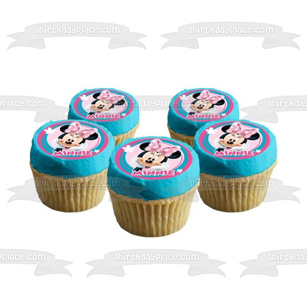 Minnie Mouse Round Pink and Teal Edible Cake Topper Image ABPID51457