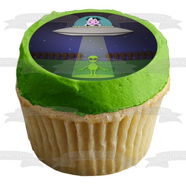 Alien and Cow Ufo Edible Cake Topper Image ABPID51756