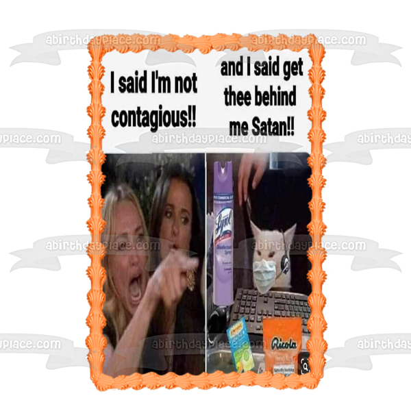 Coronavirus Meme Lady Yelling at Cat Lysol Spray Cough Medicine Edible Cake Topper Image ABPID51501