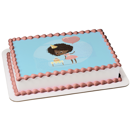 Make a Wish Birthday Girl with Pink Balloon Edible Cake Topper Image ABPID51978