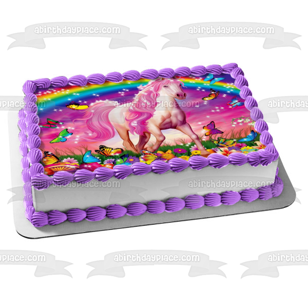 Pink Horse Rainbow Butterflies Edible Cake Topper Image ABPID52305