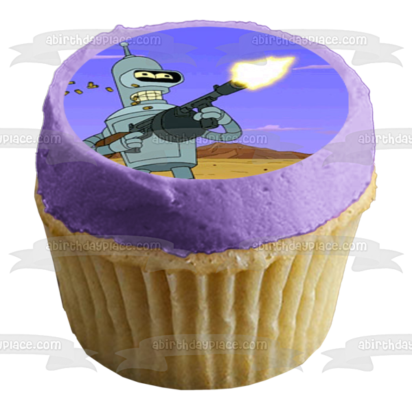 Futurama Animation Adult Swim Comedy Central Bender Disparando Tommy Gun Edible Cake Topper Imagen ABPID52641 